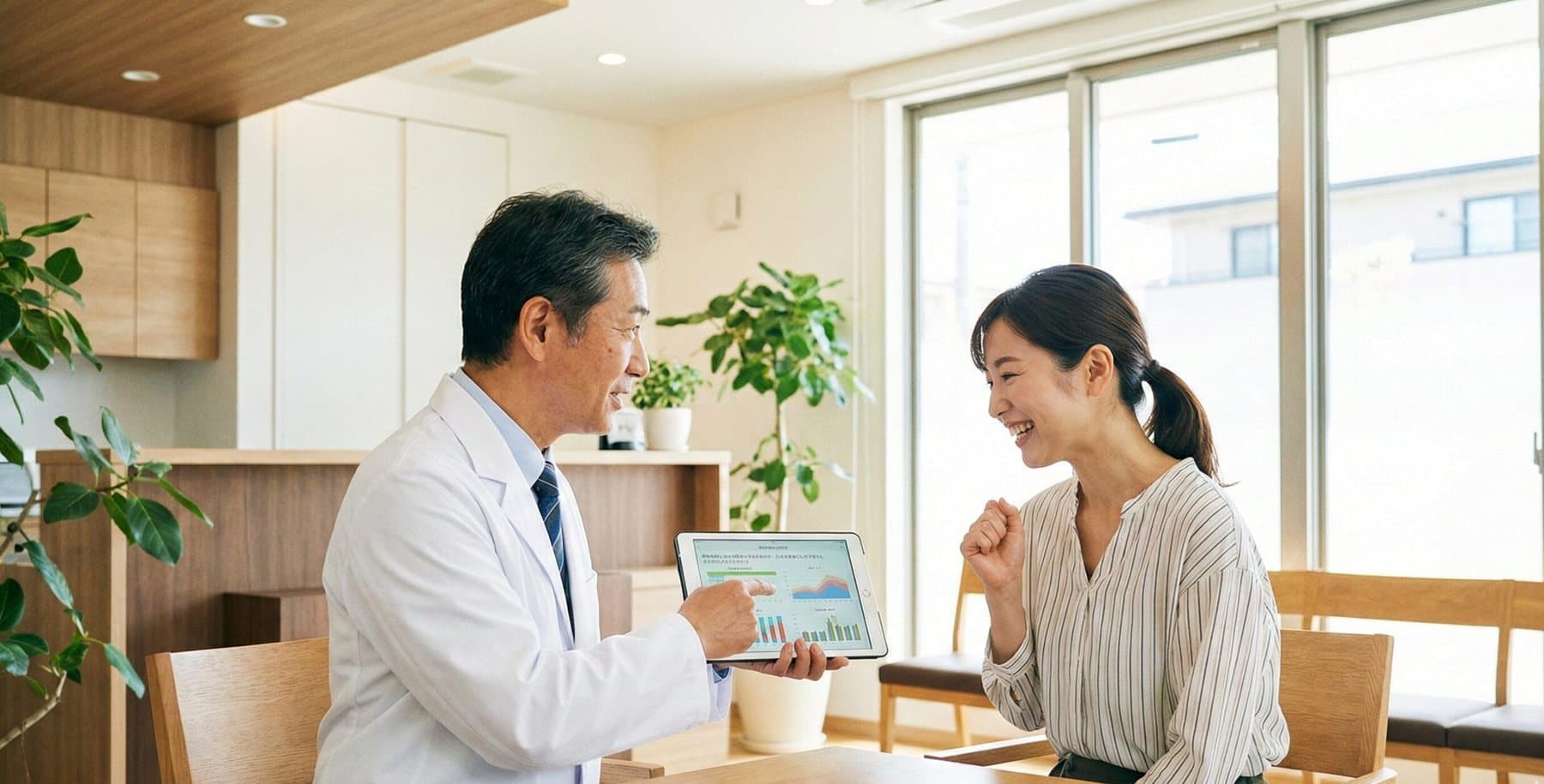 医師がタブレットで患者さんに頭痛の記録を見せている
