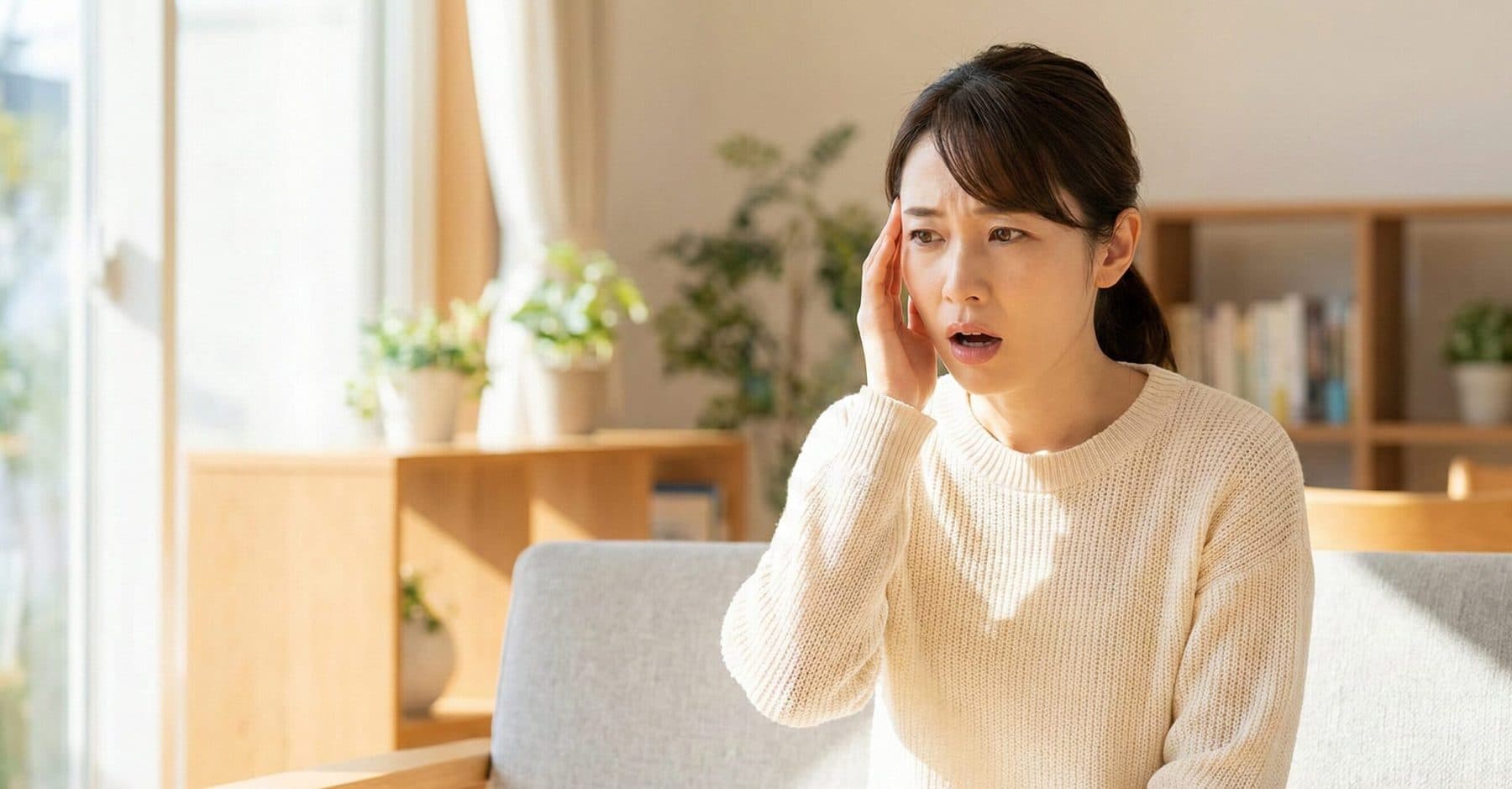 こめかみを押さえる女性